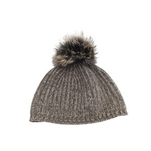PORTOLANO Cashmere Beanie Hat with Real Fox Fur Pom Pom Brown
